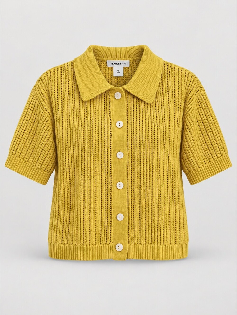 Bailey 44 Women’s M Yellow Open Knit Short Sleeve Collared Cardigan Top